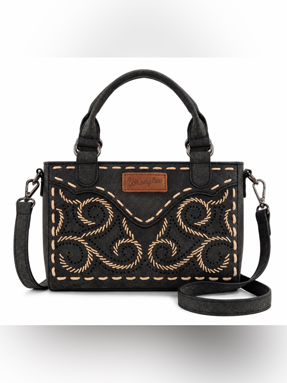 Wrangler Black Faux-Suede Crossbody Bag with Tan Embroidery